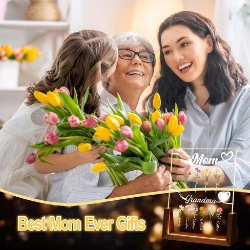 First Mom Now Grandma Custom Birth Flower Light Up Frame With Names | Christmas Mothers Day Birthday Gifts For Mom Grandma Wife From Daughter Son, Personalized Moms Grandmas Garden, Mom Gifts in Kuwait