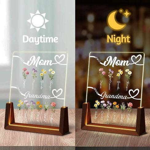 First Mom Now Grandma Custom Birth Flower Light Up Frame With Names | Christmas Mothers Day Birthday Gifts For Mom Grandma Wife From Daughter Son, Personalized Moms Grandmas Garden, Mom Gifts in Kuwait