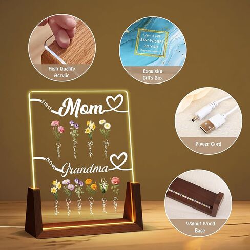 First Mom Now Grandma Custom Birth Flower Light Up Frame With Names | Christmas Mothers Day Birthday Gifts For Mom Grandma Wife From Daughter Son, Personalized Moms Grandmas Garden, Mom Gifts in Kuwait
