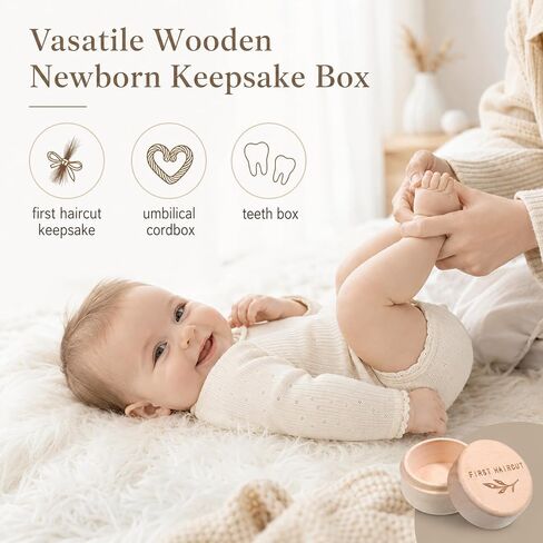 Memorial Box First Haircut Keepsake Holder Engraved Wooden Round Newborn Wood Case Baby Tooth Umbilical Cord Storage Container for Baby Shower Pregnancy Christen Gift Modern Case Baby-Keepsake in Kuwait