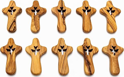 Olive Wood Comfort Holding Prayer Cross Set of 10 with Holy Spirit Dove Cutout – 2.55" Hand Carved Prayer Crosses from Bethlehem Holy Land – Christian Church Baptism Favors, Religious Faith Gifts with Velvet Pouches in Kuwait