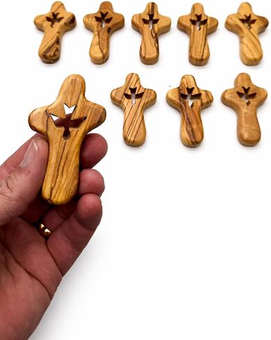 Olive Wood Comfort Holding Prayer Cross Set of 10 with Holy Spirit Dove Cutout – 2.55" Hand Carved Prayer Crosses from Bethlehem Holy Land – Christian Church Baptism Favors, Religious Faith Gifts with Velvet Pouches in Kuwait