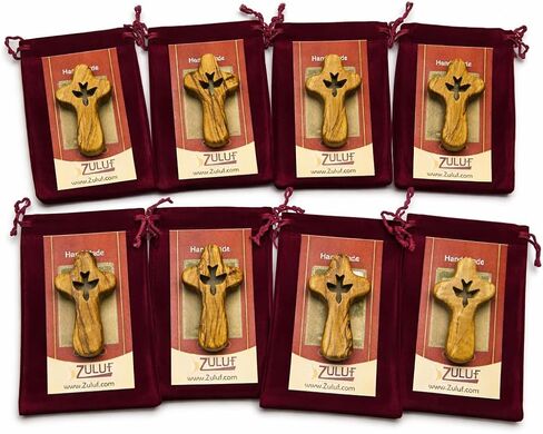Olive Wood Comfort Holding Prayer Cross Set of 10 with Holy Spirit Dove Cutout – 2.55" Hand Carved Prayer Crosses from Bethlehem Holy Land – Christian Church Baptism Favors, Religious Faith Gifts with Velvet Pouches in Kuwait
