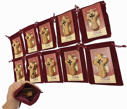 Olive Wood Comfort Holding Prayer Cross Set of 10 with Holy Spirit Dove Cutout – 2.55" Hand Carved Prayer Crosses from Bethlehem Holy Land – Christian Church Baptism Favors, Religious Faith Gifts with Velvet Pouches in Kuwait