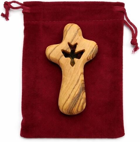Olive Wood Comfort Holding Prayer Cross Set of 10 with Holy Spirit Dove Cutout – 2.55" Hand Carved Prayer Crosses from Bethlehem Holy Land – Christian Church Baptism Favors, Religious Faith Gifts with Velvet Pouches in Kuwait