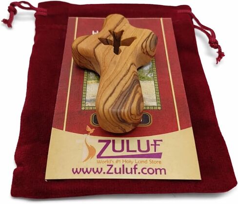 Olive Wood Comfort Holding Prayer Cross Set of 10 with Holy Spirit Dove Cutout – 2.55" Hand Carved Prayer Crosses from Bethlehem Holy Land – Christian Church Baptism Favors, Religious Faith Gifts with Velvet Pouches in Kuwait