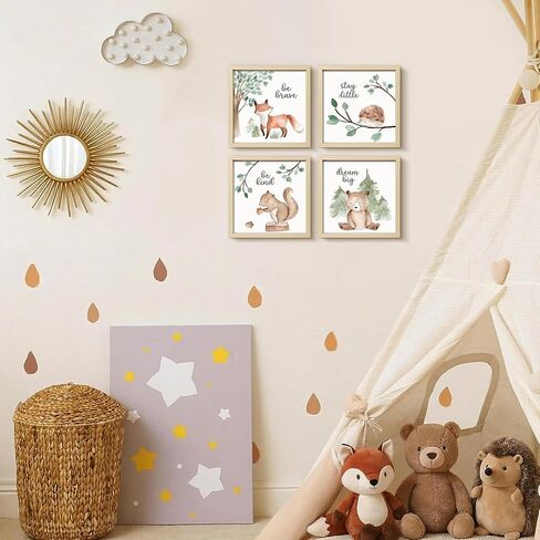 Framed Woodland Nursery Wall Art Decor, 8x8 inch Animal Prints | 4 Pack Gallery Wall Frame Set Features Forest Safari Pictures Artwork for Baby Kids Bedroom Toddler Playroom Home Decorations in Kuwait