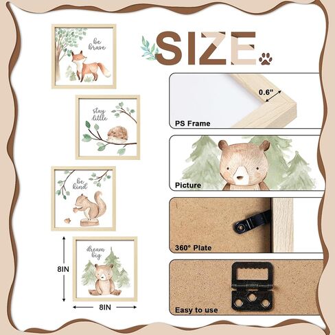Framed Woodland Nursery Wall Art Decor, 8x8 inch Animal Prints | 4 Pack Gallery Wall Frame Set Features Forest Safari Pictures Artwork for Baby Kids Bedroom Toddler Playroom Home Decorations in Kuwait