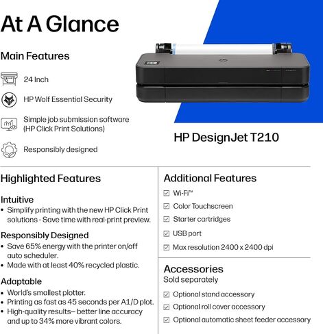HP DesignJet T210 Large Format 24-inch Plotter Printer, for Easy CAD & Poster Prints (8AG32D) in Kuwait