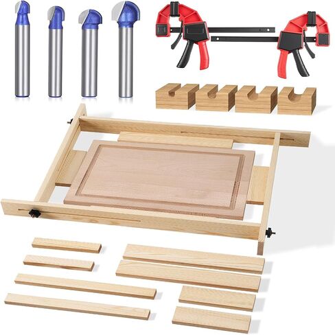 CroBlissful Juice Groove Router Jig, 8 Spacers 4 Pcs 1/4" Shank Round Nose Cove Box Router Bit 2 Pcs 6" Clamp Adjustable Wooden Juice Groove Jig for Cutting Board Up to 22 x 29, Making Square Recesses in Kuwait