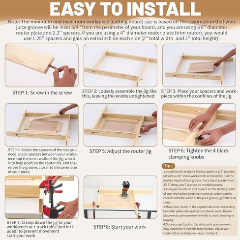 CroBlissful Juice Groove Router Jig, 8 Spacers 4 Pcs 1/4" Shank Round Nose Cove Box Router Bit 2 Pcs 6" Clamp Adjustable Wooden Juice Groove Jig for Cutting Board Up to 22 x 29, Making Square Recesses in Kuwait