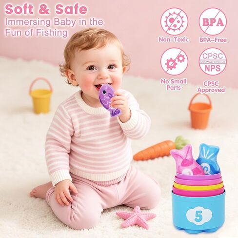 Montessori Toys for 1 Year Old Girl Gifts: Fishing Game with Stacking Cups | Learning Educational Baby Toys for 1+ Year Old - Sensory Sorting Toddlers Toy for 1-3 Boy Girl First Birthday Gift Christmas in Kuwait