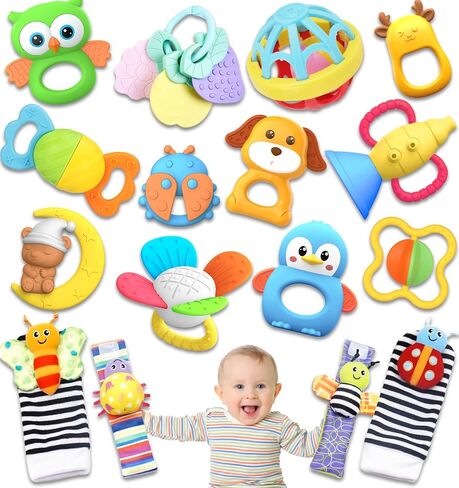16 Pack Baby Rattles Teething Toys 3-6 Months, Baby Toys 0-6 Months, Newborn Infant Toys 6-12 Months, Essentials Must Haves Wrist Socks Toddler Stocking Stuffers Christmas Gifts in Kuwait