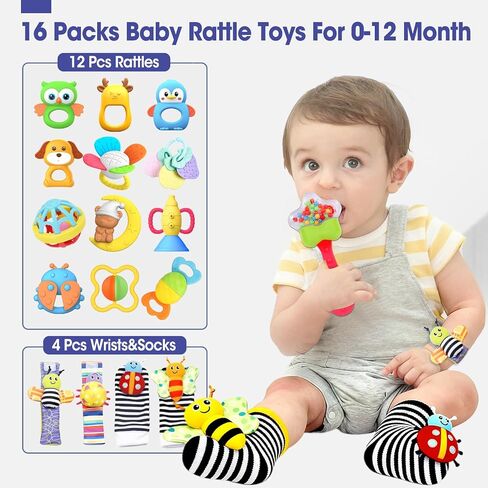 16 Pack Baby Rattles Teething Toys 3-6 Months, Baby Toys 0-6 Months, Newborn Infant Toys 6-12 Months, Essentials Must Haves Wrist Socks Toddler Stocking Stuffers Christmas Gifts in Kuwait