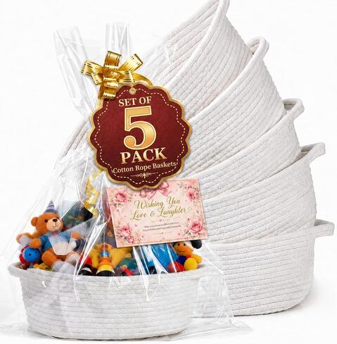 MUSDOOU 5 Pack Gift Baskets Empty with Clear Gift Bags, Pull Bows, Clips and Greeting Cards, Small White Woven Baskets for Birthday, Baby Shower, Graduation, Easter and Gift Giving in Kuwait
