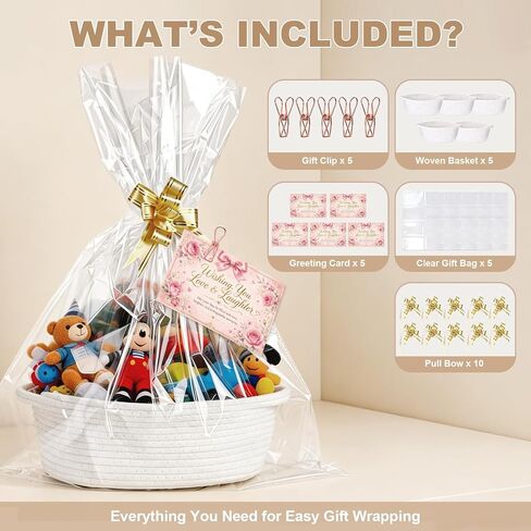 MUSDOOU 5 Pack Gift Baskets Empty with Clear Gift Bags, Pull Bows, Clips and Greeting Cards, Small White Woven Baskets for Birthday, Baby Shower, Graduation, Easter and Gift Giving in Kuwait