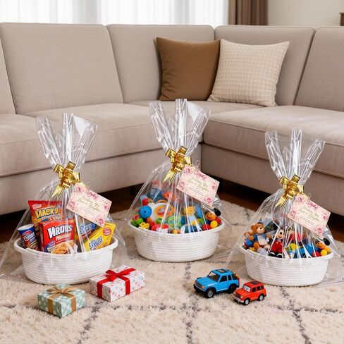 MUSDOOU 5 Pack Gift Baskets Empty with Clear Gift Bags, Pull Bows, Clips and Greeting Cards, Small White Woven Baskets for Birthday, Baby Shower, Graduation, Easter and Gift Giving in Kuwait
