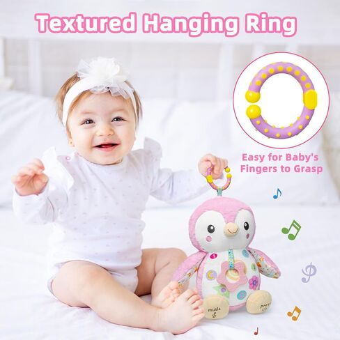Baby Toys 0-6 Months,Musical Plush Stuffed Animal with Rattles & Crinkle Paper,Hanging Ring for Sensory Play,Tummy Time Toys for 0-12 Months Girls, Baby Girl Gift (Pink) in Kuwait