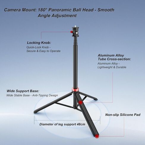 NWV 6-Section Extendable Tripod Stand with 1/4" Screw, Aluminum Alloy Camera Tripod with 180° Rotation, Foldable Phone Tripod for Live Stream, Vlogging, Photography, Max Height 210cm in Kuwait