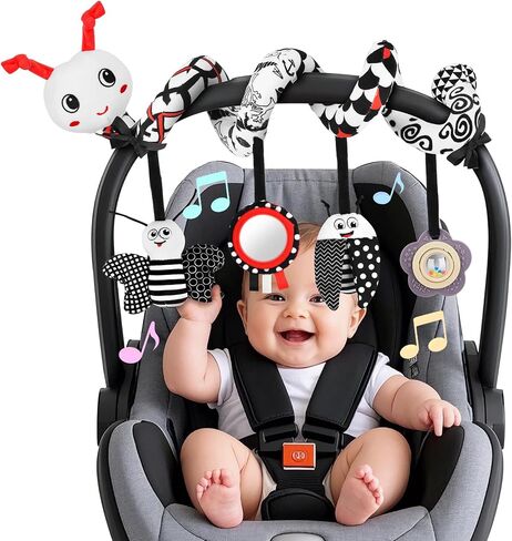 Car Seat Toys for Babies 0-6 Months, Black & White | High Contrast Spiral Plush Sensory Toy with 4 Hanging Pendants for Newborns, Fits Car Seats and Strollers in Kuwait