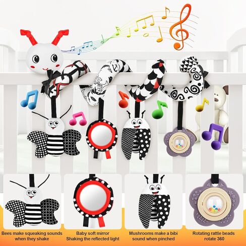 Car Seat Toys for Babies 0-6 Months, Black & White | High Contrast Spiral Plush Sensory Toy with 4 Hanging Pendants for Newborns, Fits Car Seats and Strollers in Kuwait