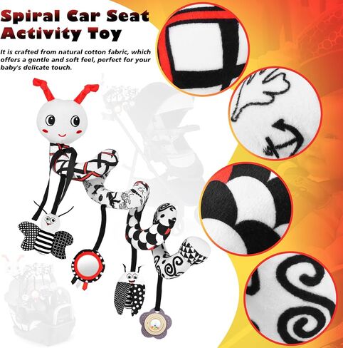 Car Seat Toys for Babies 0-6 Months, Black & White | High Contrast Spiral Plush Sensory Toy with 4 Hanging Pendants for Newborns, Fits Car Seats and Strollers in Kuwait