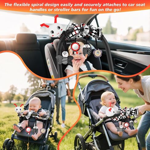 Car Seat Toys for Babies 0-6 Months, Black & White | High Contrast Spiral Plush Sensory Toy with 4 Hanging Pendants for Newborns, Fits Car Seats and Strollers in Kuwait