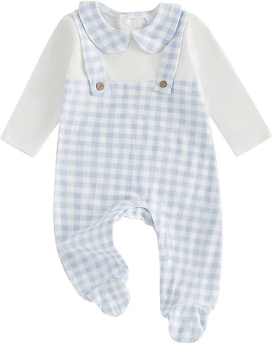 BULINGNA Newborn Baby Boy Girl Footed Romper Long Sleeve Fake Two-Piece Plaid Jumpsuit Unisex Baby Infant Footies in Kuwait