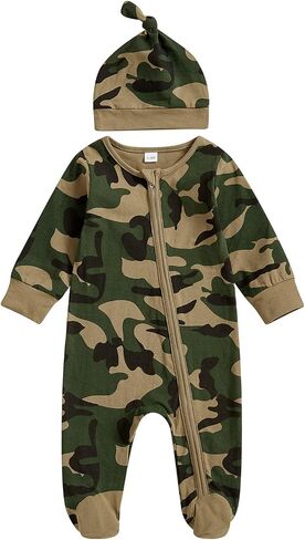 Newborn Baby Boy Footies Camouflage Zipper One Piece Jumpsuit Hat | Camouflage Print Zip up Romper, One Piece Outfit with Hat, Zipper Jumpsuit, for Newborn Coming Home Outfit/Holiday Gifts in Kuwait