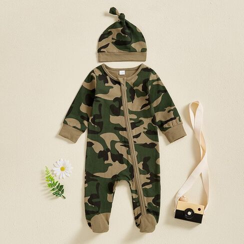 Newborn Baby Boy Footies Camouflage Zipper One Piece Jumpsuit Hat | Camouflage Print Zip up Romper, One Piece Outfit with Hat, Zipper Jumpsuit, for Newborn Coming Home Outfit/Holiday Gifts in Kuwait