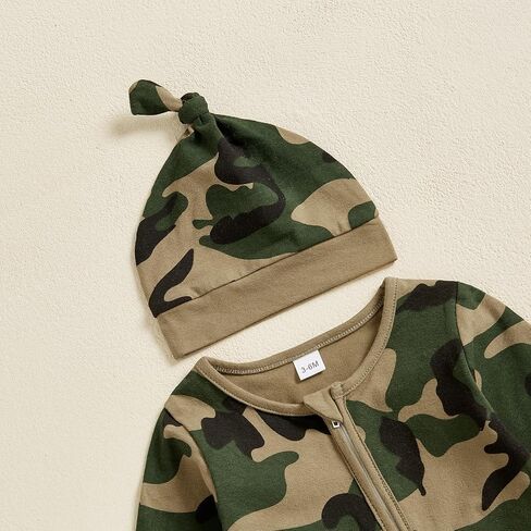 Newborn Baby Boy Footies Camouflage Zipper One Piece Jumpsuit Hat | Camouflage Print Zip up Romper, One Piece Outfit with Hat, Zipper Jumpsuit, for Newborn Coming Home Outfit/Holiday Gifts in Kuwait