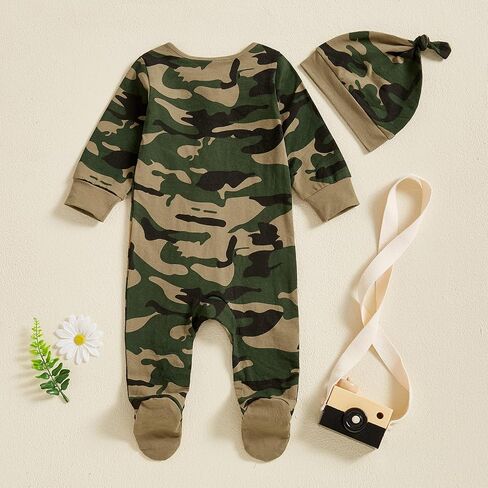 Newborn Baby Boy Footies Camouflage Zipper One Piece Jumpsuit Hat | Camouflage Print Zip up Romper, One Piece Outfit with Hat, Zipper Jumpsuit, for Newborn Coming Home Outfit/Holiday Gifts in Kuwait