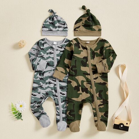 Newborn Baby Boy Footies Camouflage Zipper One Piece Jumpsuit Hat | Camouflage Print Zip up Romper, One Piece Outfit with Hat, Zipper Jumpsuit, for Newborn Coming Home Outfit/Holiday Gifts in Kuwait