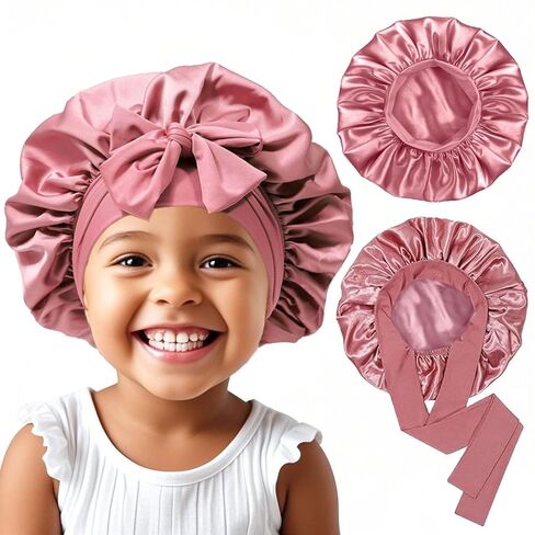 2Pcs Baby Bonnet Toddler Silk Satin Bonnet for Kids Sleeping Cap - Elastic Wide Band Hair Bonnets Curly Natural Hair Toddler Bonnet with Tie Band,Kids Bonnets for Girls Boys Infant - Rose Gold in Kuwait