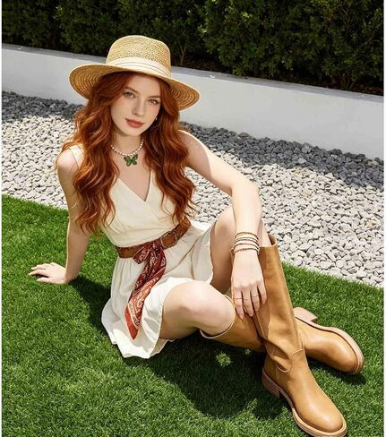 ZJGZF Womens Banana Knee High Boots Square Toe Comfortable Boots Block Heel Riding Boots Wide Calf Tall Boots in Kuwait