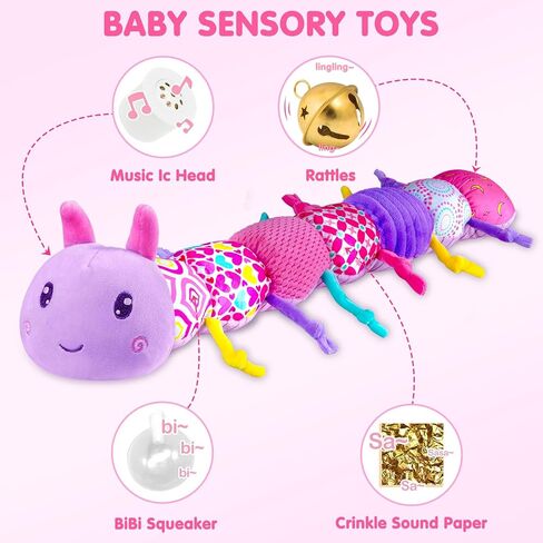 Baby Infant Musical Stuffed Animal Soft Toy with Multi-Sensory Crinkle, Rattle & Textures,Baby Girl Toy Birthday Gift for 0 3 6 9 12 Months+,Caterpillar,Purple in Kuwait