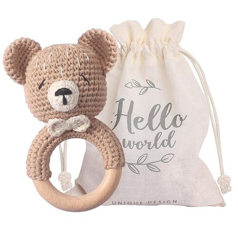 Wooden Baby Rattle Crochet Bear Baby Toys Handmade Newborn Toy Early Development Grips Stuffed Animal Organic Rattle (Bear) in Kuwait