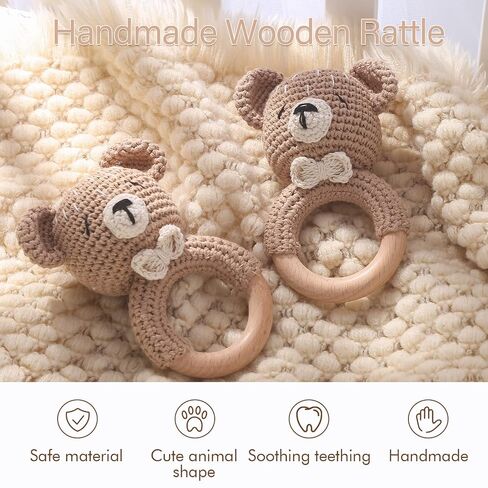 Wooden Baby Rattle Crochet Bear Baby Toys Handmade Newborn Toy Early Development Grips Stuffed Animal Organic Rattle (Bear) in Kuwait