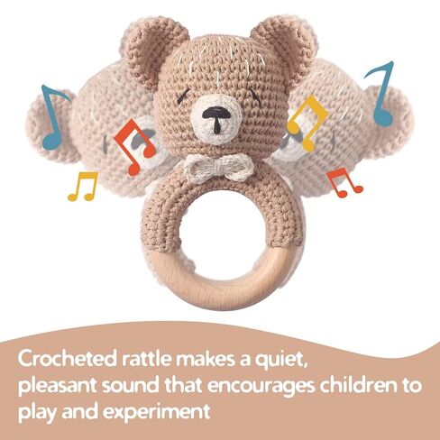 Wooden Baby Rattle Crochet Bear Baby Toys Handmade Newborn Toy Early Development Grips Stuffed Animal Organic Rattle (Bear) in Kuwait