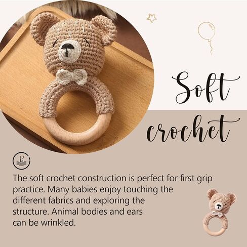 Wooden Baby Rattle Crochet Bear Baby Toys Handmade Newborn Toy Early Development Grips Stuffed Animal Organic Rattle (Bear) in Kuwait