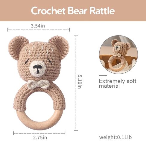 Wooden Baby Rattle Crochet Bear Baby Toys Handmade Newborn Toy Early Development Grips Stuffed Animal Organic Rattle (Bear) in Kuwait