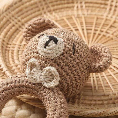 Wooden Baby Rattle Crochet Bear Baby Toys Handmade Newborn Toy Early Development Grips Stuffed Animal Organic Rattle (Bear) in Kuwait