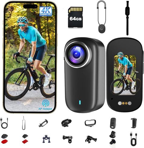Action Camera, Body Camera 4K, 64GB Waterproof POV Camera IP65, Mini Body Cam with 1200 mAh Battery for Vlogging, Travel, Thumb Action Cam for Skiing Motorcycle Cycling in Kuwait