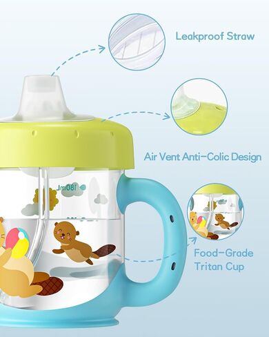 Baby Sippy Cup with Straw and Handles, BPA-Free Toddler Training Water Bottle for 6+ Months Old, Leak-Proof Infant Cup (Green, 6oz, 1 Pack) in Kuwait