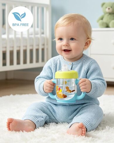 Baby Sippy Cup with Straw and Handles, BPA-Free Toddler Training Water Bottle for 6+ Months Old, Leak-Proof Infant Cup (Green, 6oz, 1 Pack) in Kuwait