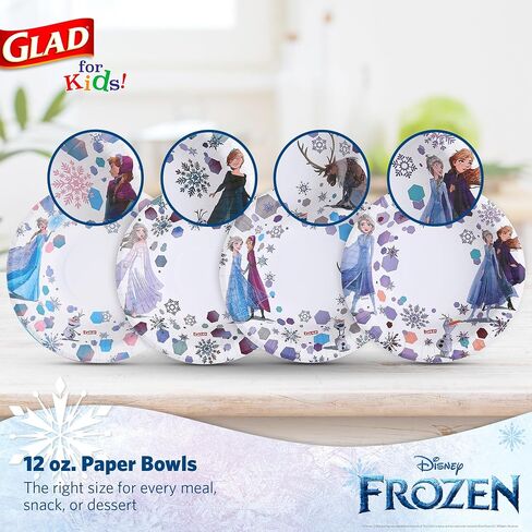Glad Disney Frozen Disposable Bowls, Anna and Elsa, 12 Oz, 40 Count | Soak-proof, cut-resistant paper bowls for parties and playdates, sturdy for little hands, no washing required in Kuwait