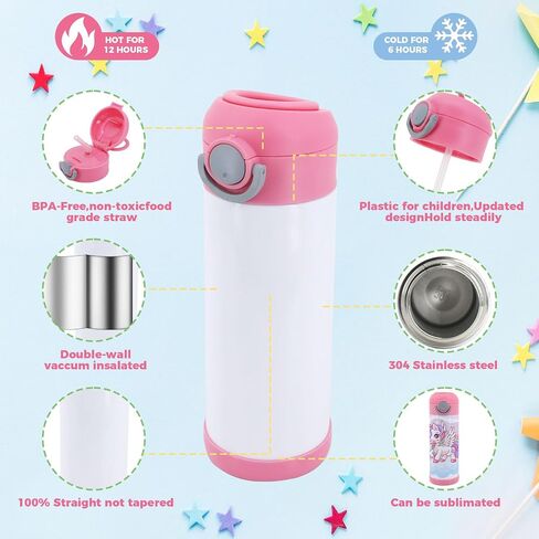 6-Pack 12 oz Kids Sublimation Tumbler Blank W/Leakproof Straw Lids | Child Cups for School, Travel & Parties | Stainless Steel Toddler Insulated Water Bottle, Sippy Cups for Gifts & Small Shops in Kuwait