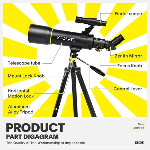 70mm 400mm Telescope for Kids & Beginners, 20X-200X AZ Mount Kit | 70mm 400mm telescope for kids and beginners; anti-reflection optics, 20X-200X range, phone adapter, tripod and remote kit. in Kuwait