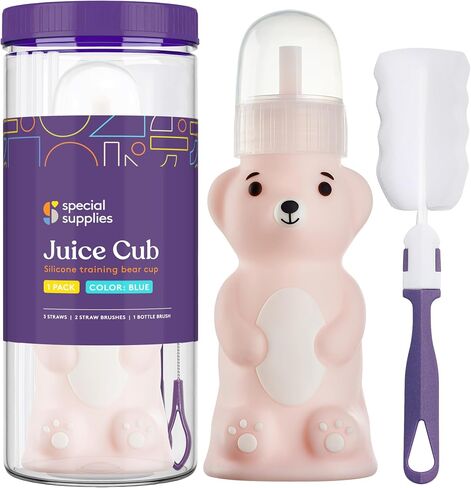 Special Supplies Honey Bear Straw Cup Long Straws, Squeezable Therapy and Special Needs Assistive Drink Container, Spill Proof and Leak Resistant Lid (Pack of 1 Bottle and 3 Straws) (Pink) in Kuwait