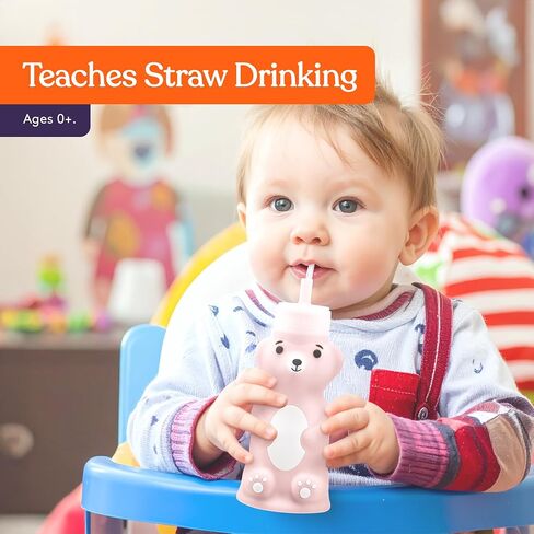 Special Supplies Honey Bear Straw Cup Long Straws, Squeezable Therapy and Special Needs Assistive Drink Container, Spill Proof and Leak Resistant Lid (Pack of 1 Bottle and 3 Straws) (Pink) in Kuwait